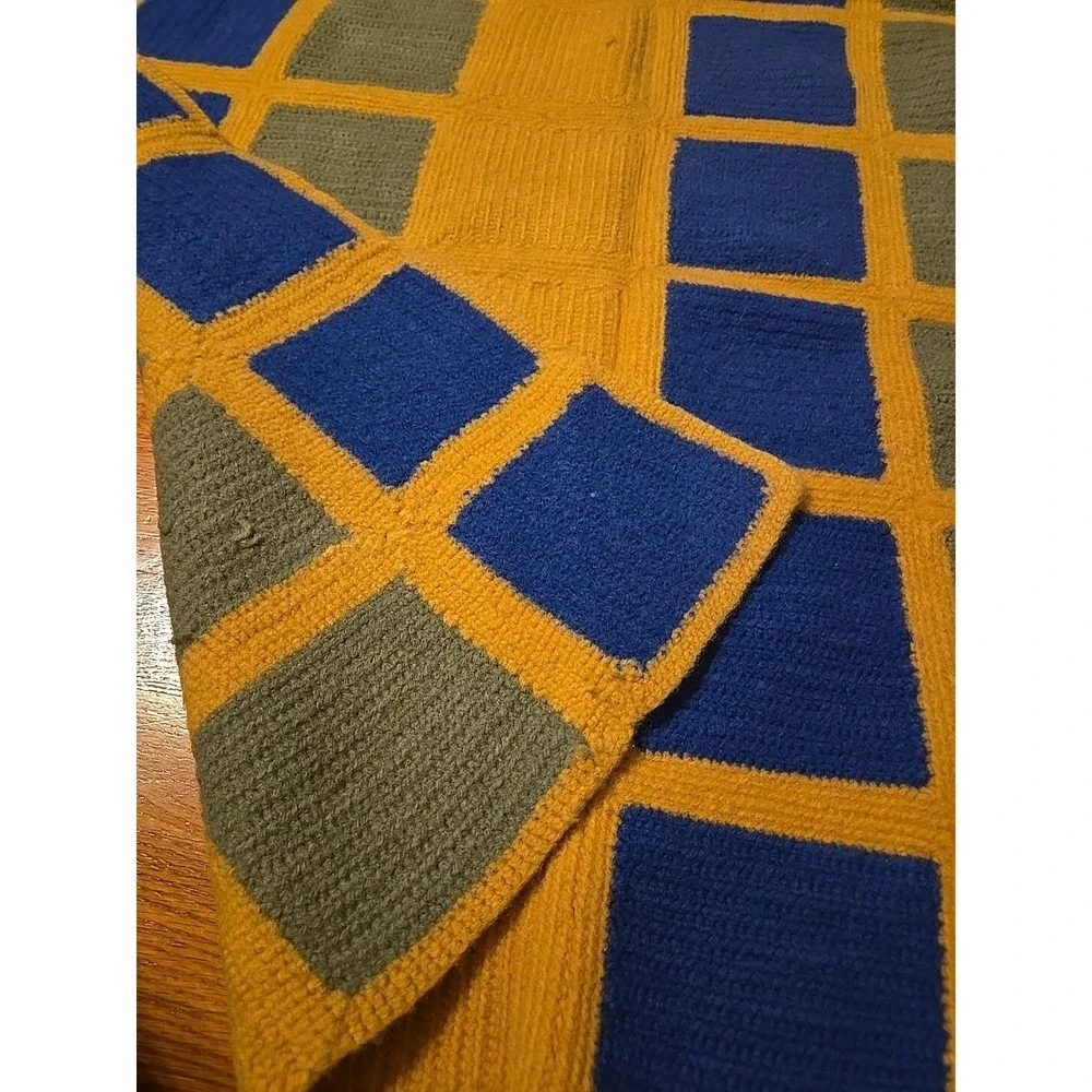 Vintage Crochet Afghan Throw Blanket Handmade 65x36 Yellow Blue Green 1966